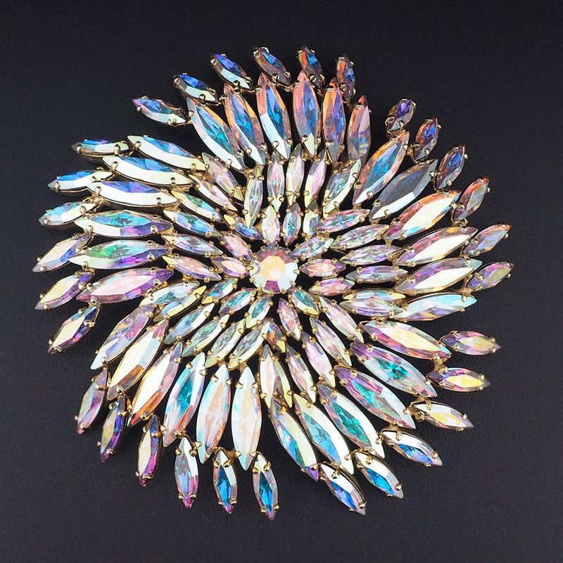 HUGE Sherman Firework Brooch, Aurora Borealis Brooch, Sherman Pin, Vintage Sherman Jewelry, Navette Brooch, Gold-Tone Statement Brooch