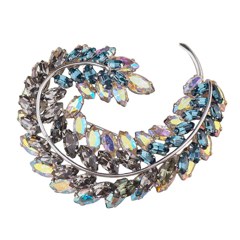 Sherman Leaf Brooch, Vintage Rhinestone Brooch, Aurora Borealis Brooch, Vintage Sherman Pin, Silver Tone Brooch, Collectible Sherman Jewelry