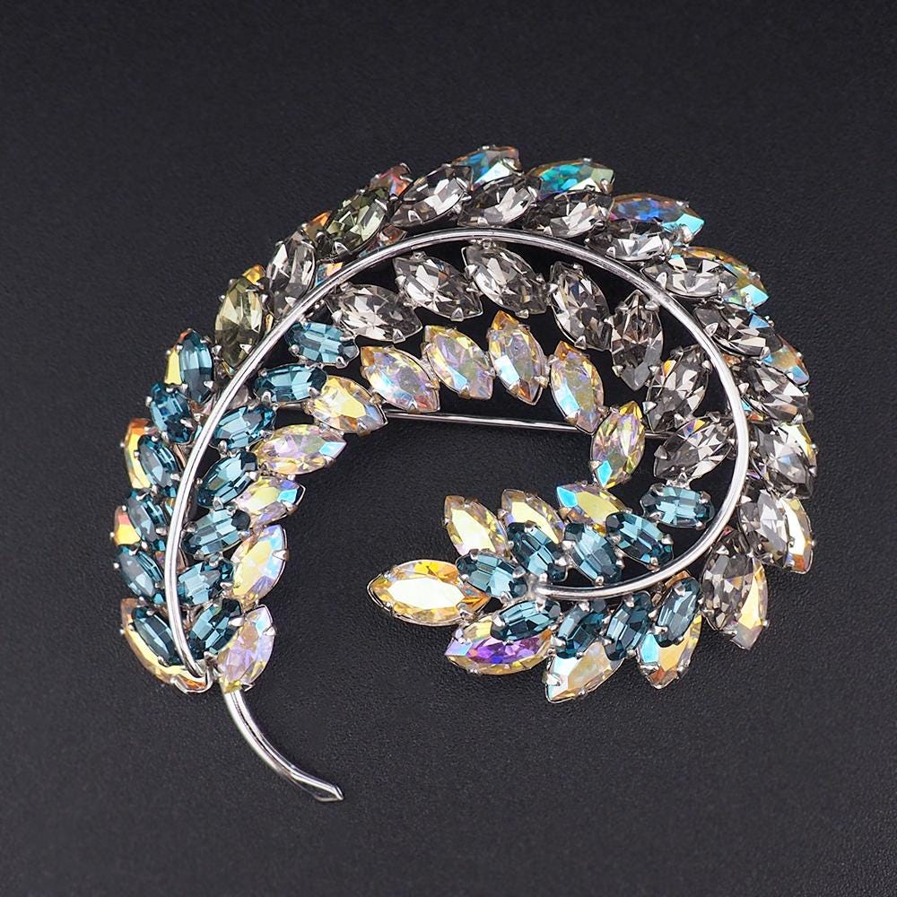 Sherman Leaf Brooch, Vintage Rhinestone Brooch, Aurora Borealis Brooch, Vintage Sherman Pin, Silver Tone Brooch, Collectible Sherman Jewelry