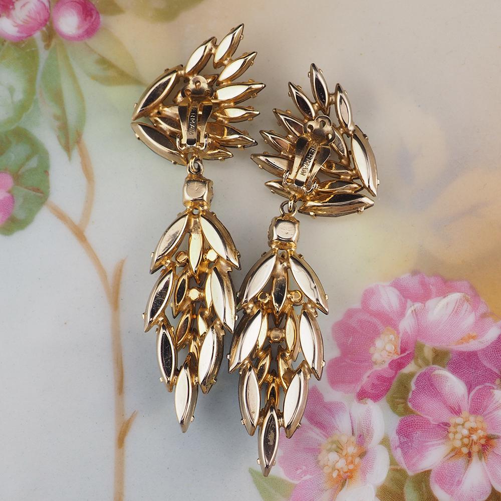 Vintage Sherman Earrings, Aurora Borealis Earrings, Clip On Earrings, Long Sherman Drop Earrings, Gold Tone Earrings, Statement Earrings