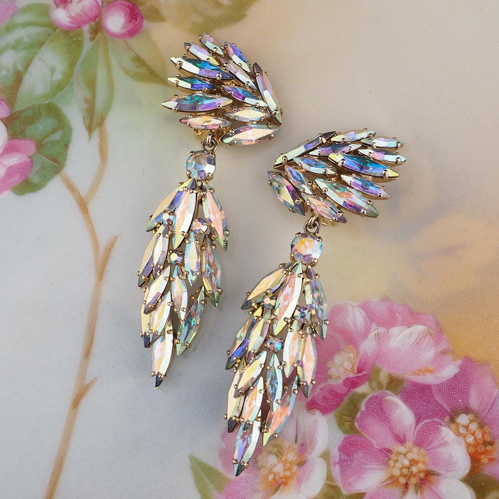 Vintage Sherman Earrings, Aurora Borealis Earrings, Clip On Earrings, Long Sherman Drop Earrings, Gold Tone Earrings, Statement Earrings