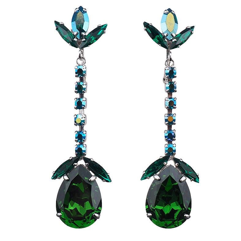 Vintage Sherman Earrings, Clip On Earrings, Long Drop Earrings, Silver Tone, Statement Earrings, Emerald Green Earrings, Bridal Earrings