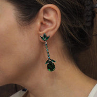 Vintage Sherman Earrings, Clip On Earrings, Long Drop Earrings, Silver Tone, Statement Earrings, Emerald Green Earrings, Bridal Earrings