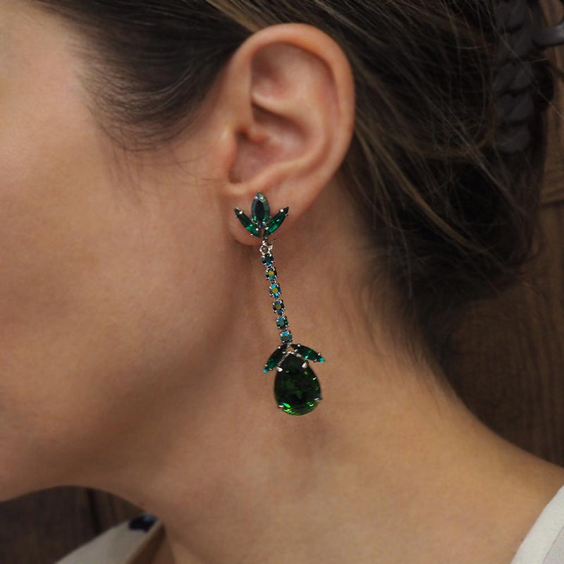 Vintage Sherman Earrings, Clip On Earrings, Long Drop Earrings, Silver Tone, Statement Earrings, Emerald Green Earrings, Bridal Earrings