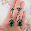 Vintage Sherman Earrings, Clip On Earrings, Long Drop Earrings, Silver Tone, Statement Earrings, Emerald Green Earrings, Bridal Earrings