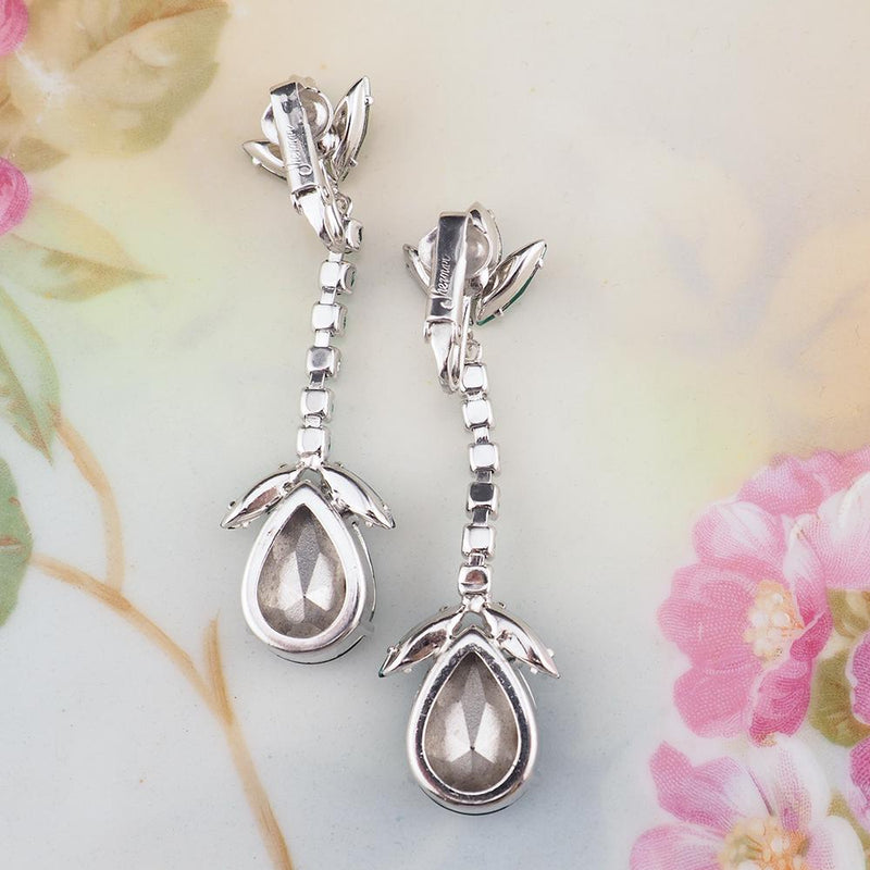 Vintage Sherman Earrings, Clip On Earrings, Long Drop Earrings, Silver Tone, Statement Earrings, Emerald Green Earrings, Bridal Earrings