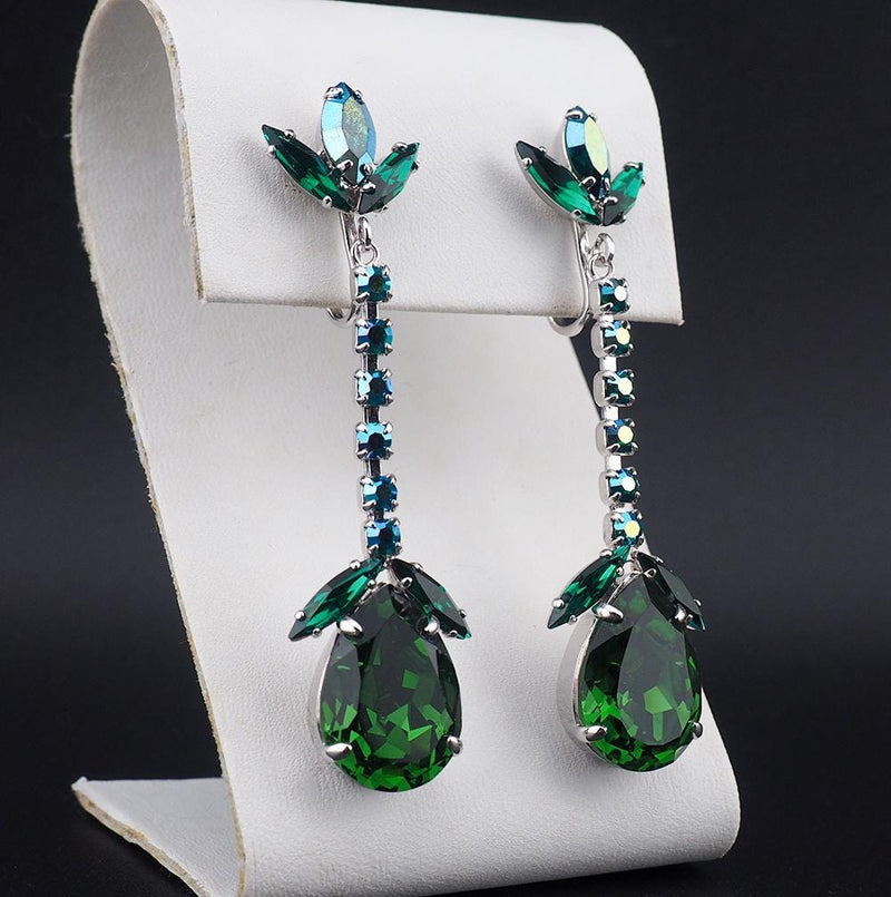 Vintage Sherman Earrings, Clip On Earrings, Long Drop Earrings, Silver Tone, Statement Earrings, Emerald Green Earrings, Bridal Earrings
