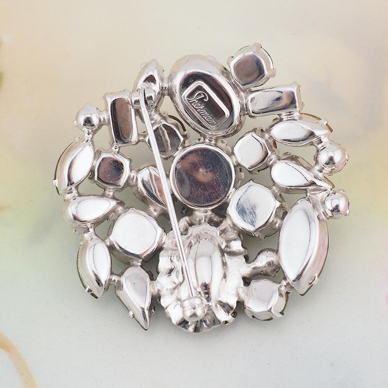 Vintage Sherman Brooch, Purple Green Brooch, Round Brooch, Rhinestone Brooch, Purple Rhinestone Brooch, Silver Tone Brooch, Sherman Pin