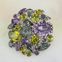 Vintage Sherman Brooch, Purple Green Brooch, Round Brooch, Rhinestone Brooch, Purple Rhinestone Brooch, Silver Tone Brooch, Sherman Pin
