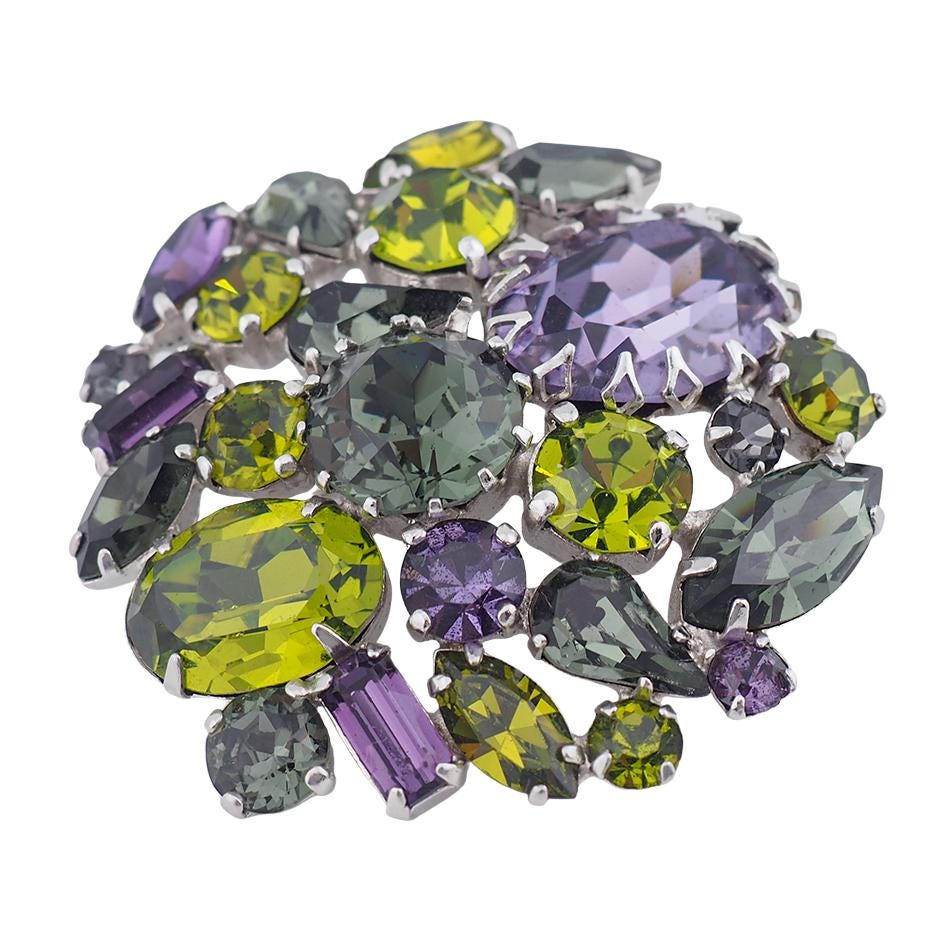 Vintage Sherman Brooch, Purple Green Brooch, Round Brooch, Rhinestone Brooch, Purple Rhinestone Brooch, Silver Tone Brooch, Sherman Pin