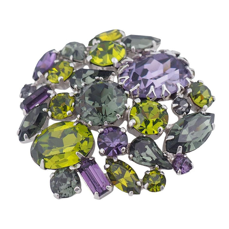 Vintage Sherman Brooch, Purple Green Brooch, Round Brooch, Rhinestone Brooch, Purple Rhinestone Brooch, Silver Tone Brooch, Sherman Pin