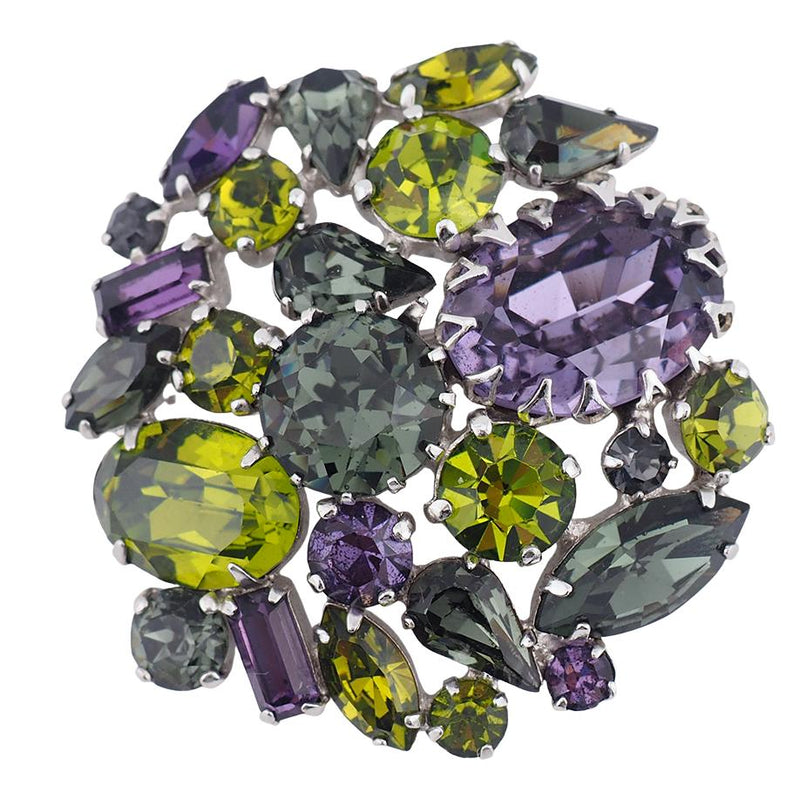 Vintage Sherman Brooch, Purple Green Brooch, Round Brooch, Rhinestone Brooch, Purple Rhinestone Brooch, Silver Tone Brooch, Sherman Pin