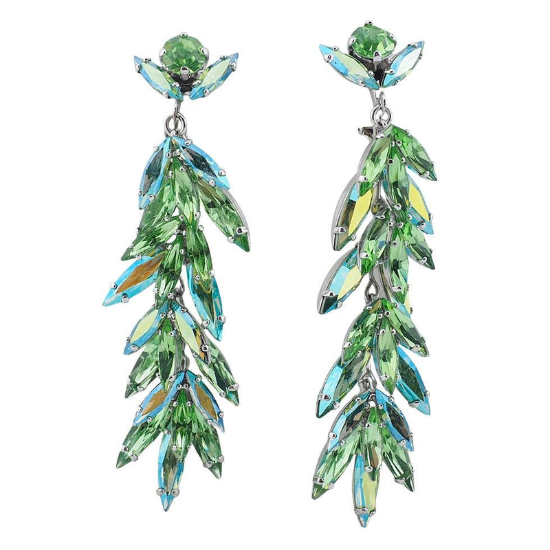 Vintage Sherman Earrings, Uranium Glass Earrings, Clip On Earrings, Long Earrings, Statement Earrings, Green Rhinestone Earrings, Glowing