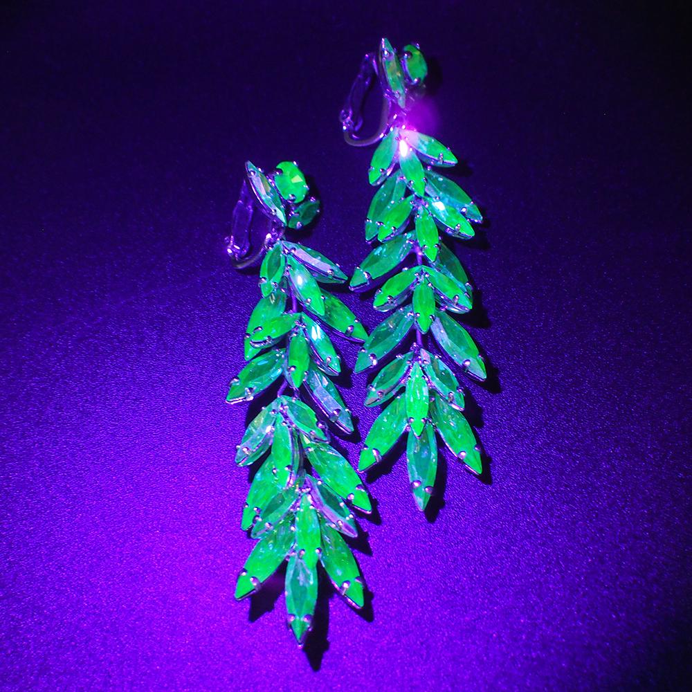 Vintage Sherman Earrings, Uranium Glass Earrings, Clip On Earrings, Long Earrings, Statement Earrings, Green Rhinestone Earrings, Glowing