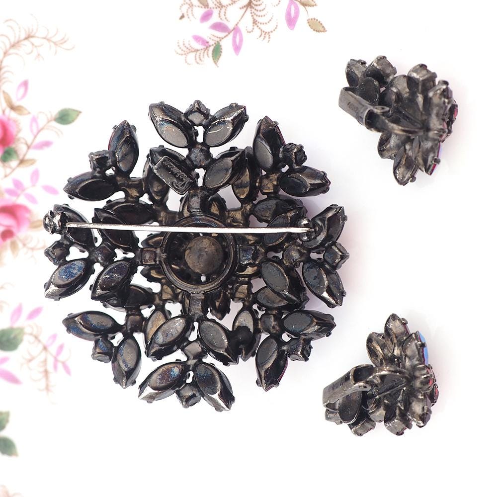 Sherman Siam Red Jewelry, Sherman Brooch Set, Vintage Brooch Set, Sherman Siam, Rhinestone Brooch, Japanned Brooch, Brooch Earring Set