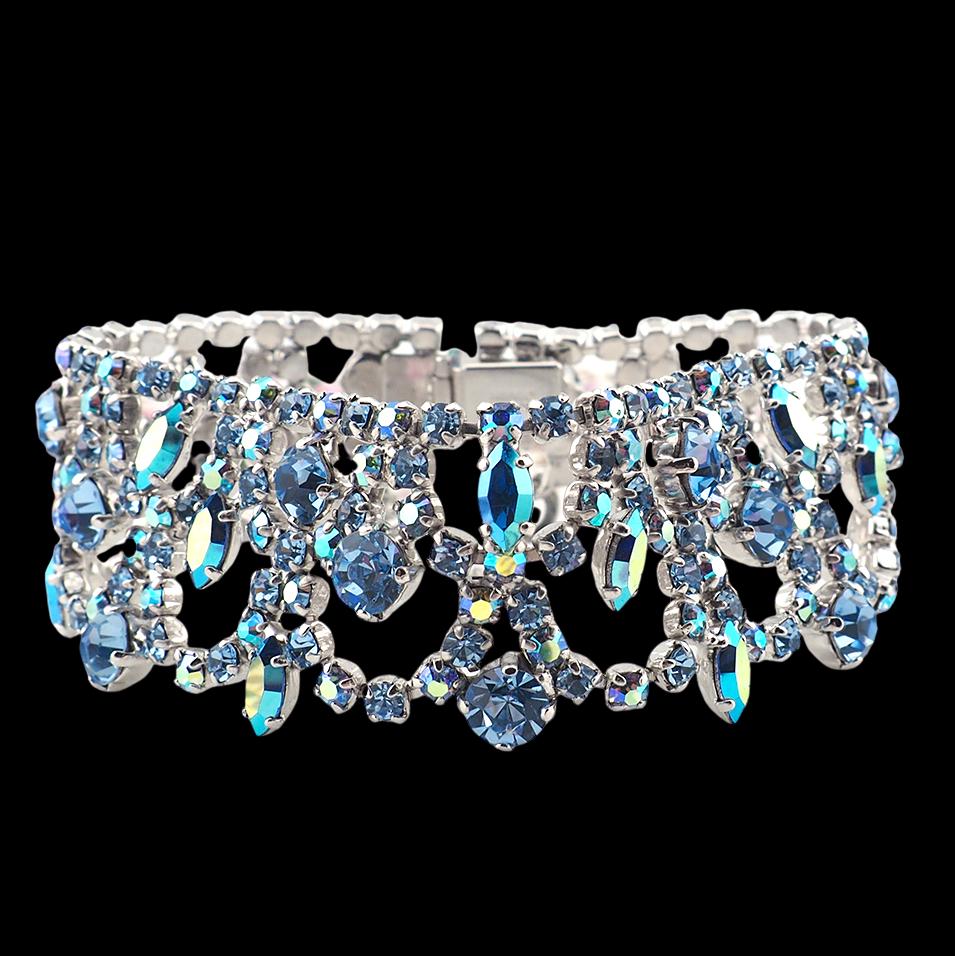 Vintage Sherman Wide Bracelet, Blue Rhinestone Bracelet, Vintage Rhinestone Bracelet, Bridal Bracelet, Aurora Borealis, 1960s Bracelet