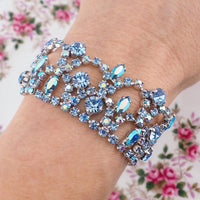 Vintage Sherman Wide Bracelet, Blue Rhinestone Bracelet, Vintage Rhinestone Bracelet, Bridal Bracelet, Aurora Borealis, 1960s Bracelet
