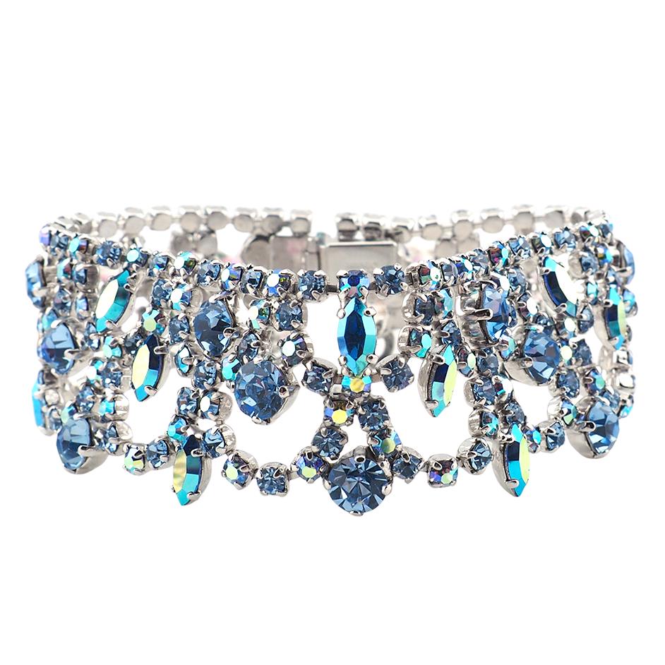 Vintage Sherman Wide Bracelet, Blue Rhinestone Bracelet, Vintage Rhinestone Bracelet, Bridal Bracelet, Aurora Borealis, 1960s Bracelet
