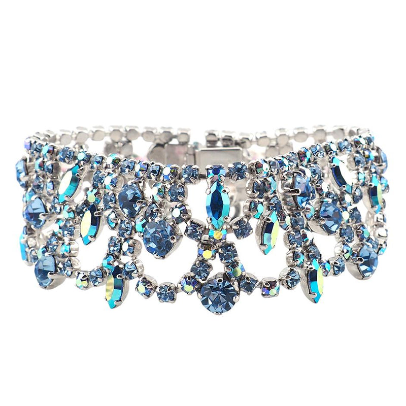 Vintage Sherman Wide Bracelet, Blue Rhinestone Bracelet, Vintage Rhinestone Bracelet, Bridal Bracelet, Aurora Borealis, 1960s Bracelet