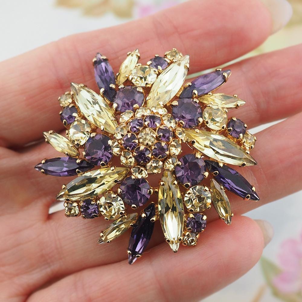 Rare Sherman Rhinestone Brooch, Vintage Sherman Brooch, Yellow Purple Brooch, 1960s Brooch, Flower Brooch, Pinwheel Brooch, Signed Sherman