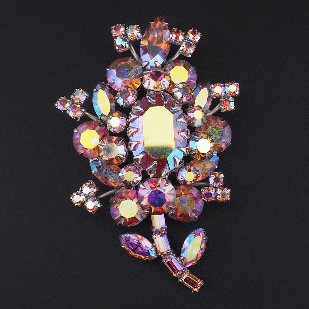 Rare Sherman Flower Brooch, Vintage Sherman Brooch, 1950s Brooch, Flower Brooch, Aurora Borealis Brooch, Signed Sherman, Pink Flower Brooch