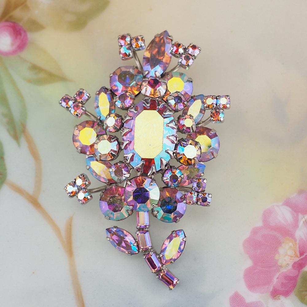 Rare Sherman Flower Brooch, Vintage Sherman Brooch, 1950s Brooch, Flower Brooch, Aurora Borealis Brooch, Signed Sherman, Pink Flower Brooch