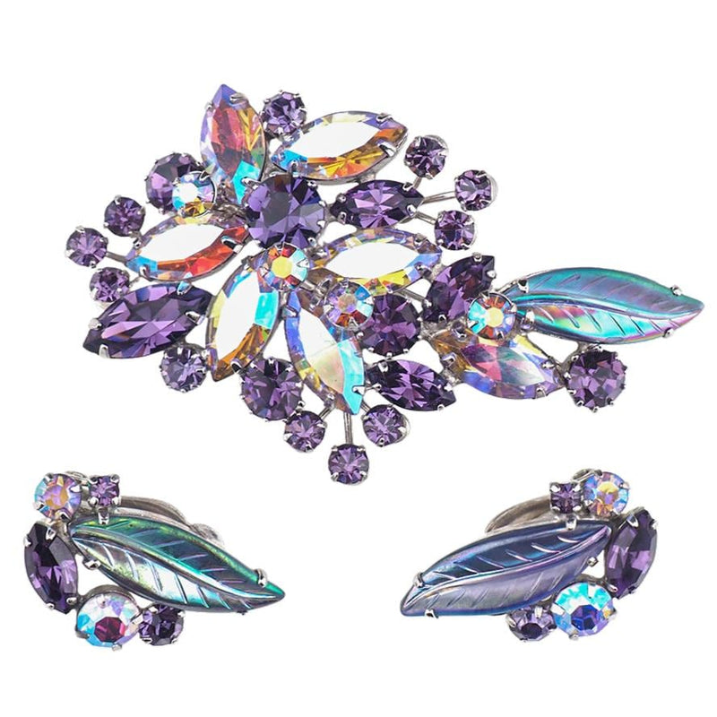 Vintage Sherman Brooch Set, Sherman Rhinestone Brooch Earrings, Sherman Purple Brooch, Molded Glass Leaf Brooch, Mid Century Jewelry Set