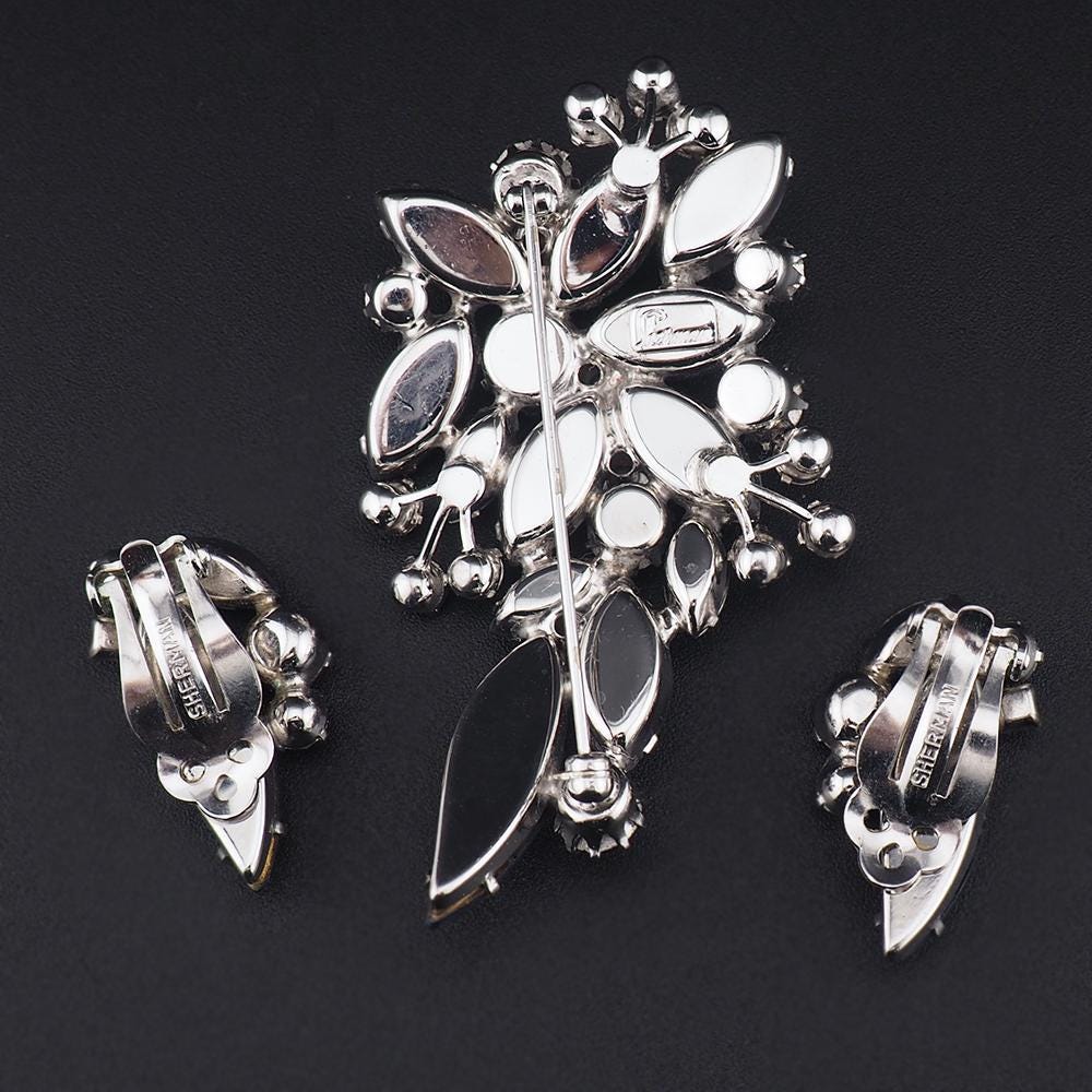 Vintage Sherman Brooch Set, Sherman Rhinestone Brooch Earrings, Sherman Purple Brooch, Molded Glass Leaf Brooch, Mid Century Jewelry Set