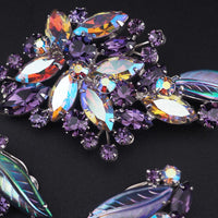 Vintage Sherman Brooch Set, Sherman Rhinestone Brooch Earrings, Sherman Purple Brooch, Molded Glass Leaf Brooch, Mid Century Jewelry Set