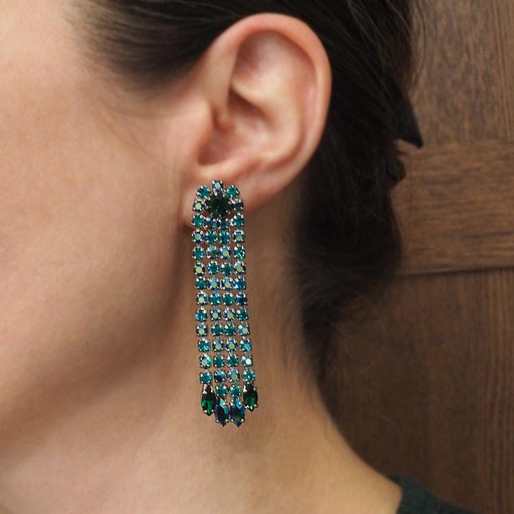 Vintage Sherman Earrings, Clip On Earrings, Chandelier Earrings, Vintage Rhinestone Earrings, Teal Green Earrings, Long Sherman Earrings