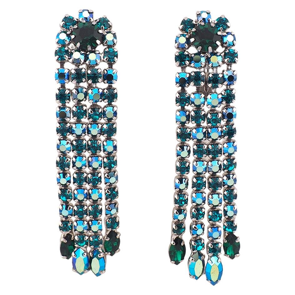 Vintage Sherman Earrings, Clip On Earrings, Chandelier Earrings, Vintage Rhinestone Earrings, Teal Green Earrings, Long Sherman Earrings