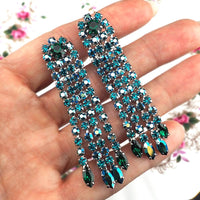 Vintage Sherman Earrings, Clip On Earrings, Chandelier Earrings, Vintage Rhinestone Earrings, Teal Green Earrings, Long Sherman Earrings