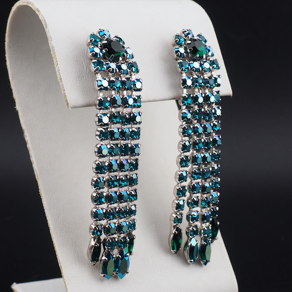 Vintage Sherman Earrings, Clip On Earrings, Chandelier Earrings, Vintage Rhinestone Earrings, Teal Green Earrings, Long Sherman Earrings