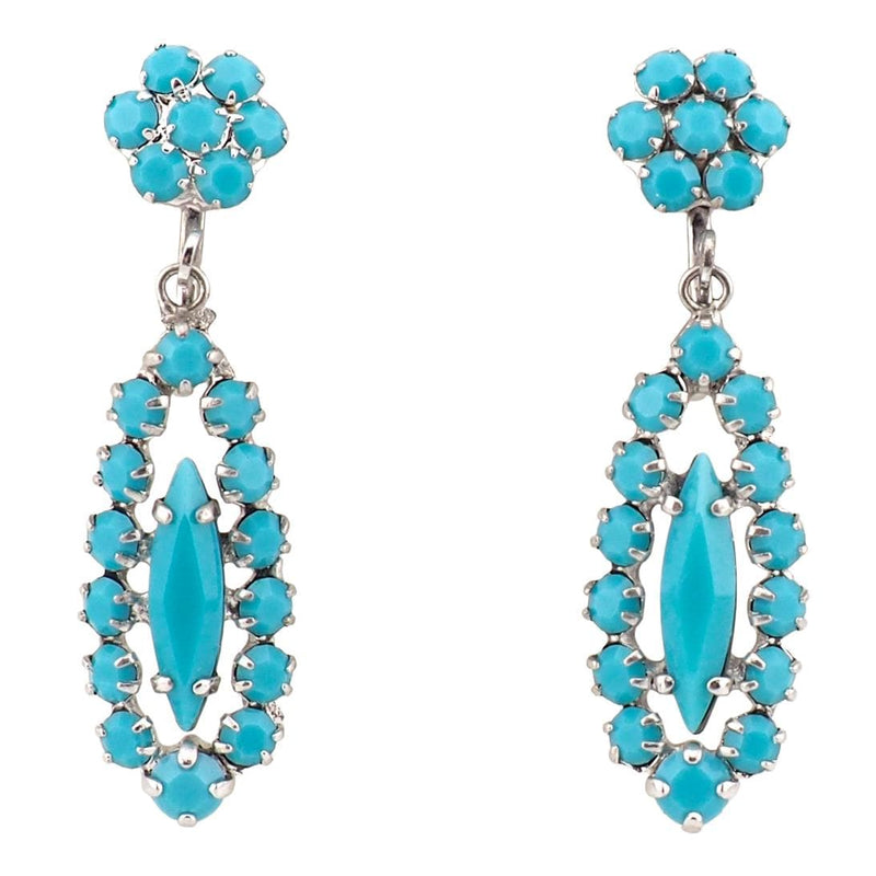 Sherman Turquoise Earrings, Sherman Opaque Earrings, Vintage Rhinestone Earrings, Clip On Earrings, Drop Earrings, Silver Tone Earrings