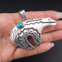 Vintage Native American Bear Pendant, Large Pendant, Sterling Silver Pendant, Turquoise Pendant, Southwestern Pendant, Animal Pendant,