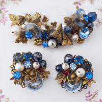 Vintage Glass Beaded Brooch Set, Glass Disk Brooch, Layered Brass Filigree Brooch, Mid Century Statement Set, Wired Bead Brooch, Blue Brooch