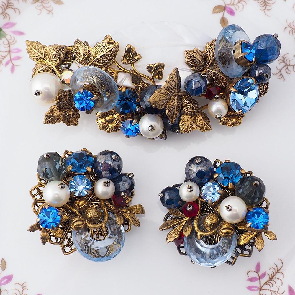 Vintage Glass Beaded Brooch Set, Glass Disk Brooch, Layered Brass Filigree Brooch, Mid Century Statement Set, Wired Bead Brooch, Blue Brooch