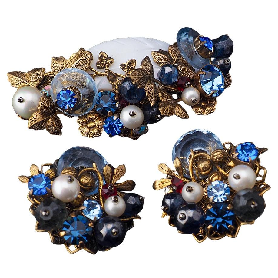 Vintage Glass Beaded Brooch Set, Glass Disk Brooch, Layered Brass Filigree Brooch, Mid Century Statement Set, Wired Bead Brooch, Blue Brooch