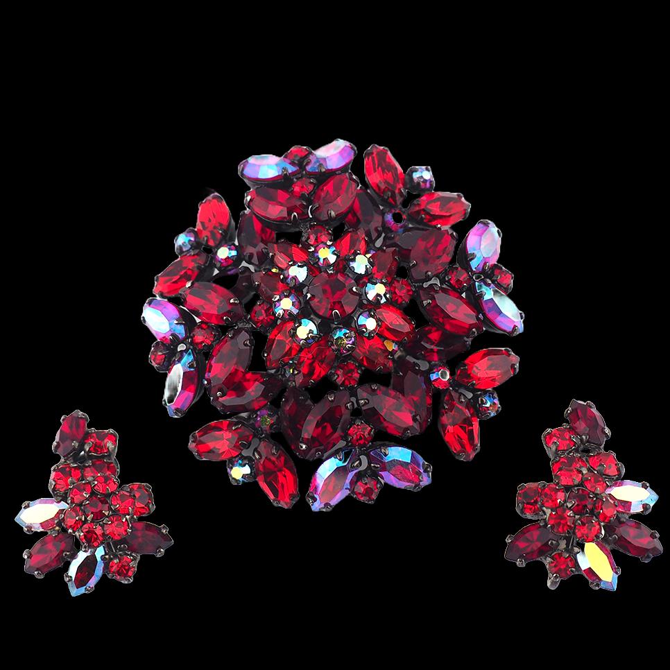 Sherman Siam Red Jewelry, Sherman Brooch Set, Vintage Brooch Set, Sherman Siam, Rhinestone Brooch, Japanned Brooch, Brooch Earring Set