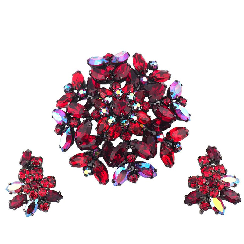 Sherman Siam Red Jewelry, Sherman Brooch Set, Vintage Brooch Set, Sherman Siam, Rhinestone Brooch, Japanned Brooch, Brooch Earring Set