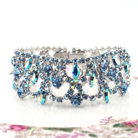 Vintage Sherman Wide Bracelet, Blue Rhinestone Bracelet, Vintage Rhinestone Bracelet, Bridal Bracelet, Aurora Borealis, 1960s Bracelet