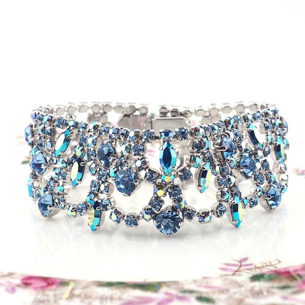 Vintage Sherman Wide Bracelet, Blue Rhinestone Bracelet, Vintage Rhinestone Bracelet, Bridal Bracelet, Aurora Borealis, 1960s Bracelet