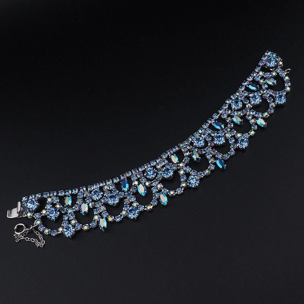Vintage Sherman Wide Bracelet, Blue Rhinestone Bracelet, Vintage Rhinestone Bracelet, Bridal Bracelet, Aurora Borealis, 1960s Bracelet