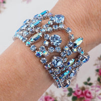 Vintage Sherman Wide Bracelet, Blue Rhinestone Bracelet, Vintage Rhinestone Bracelet, Bridal Bracelet, Aurora Borealis, 1960s Bracelet