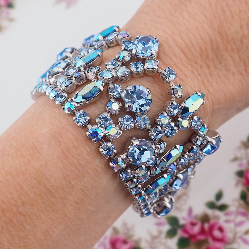Vintage Sherman Wide Bracelet, Blue Rhinestone Bracelet, Vintage Rhinestone Bracelet, Bridal Bracelet, Aurora Borealis, 1960s Bracelet