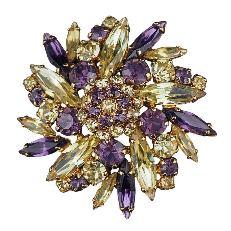 Rare Sherman Rhinestone Brooch, Vintage Sherman Brooch, Yellow Purple Brooch, 1960s Brooch, Flower Brooch, Pinwheel Brooch, Signed Sherman