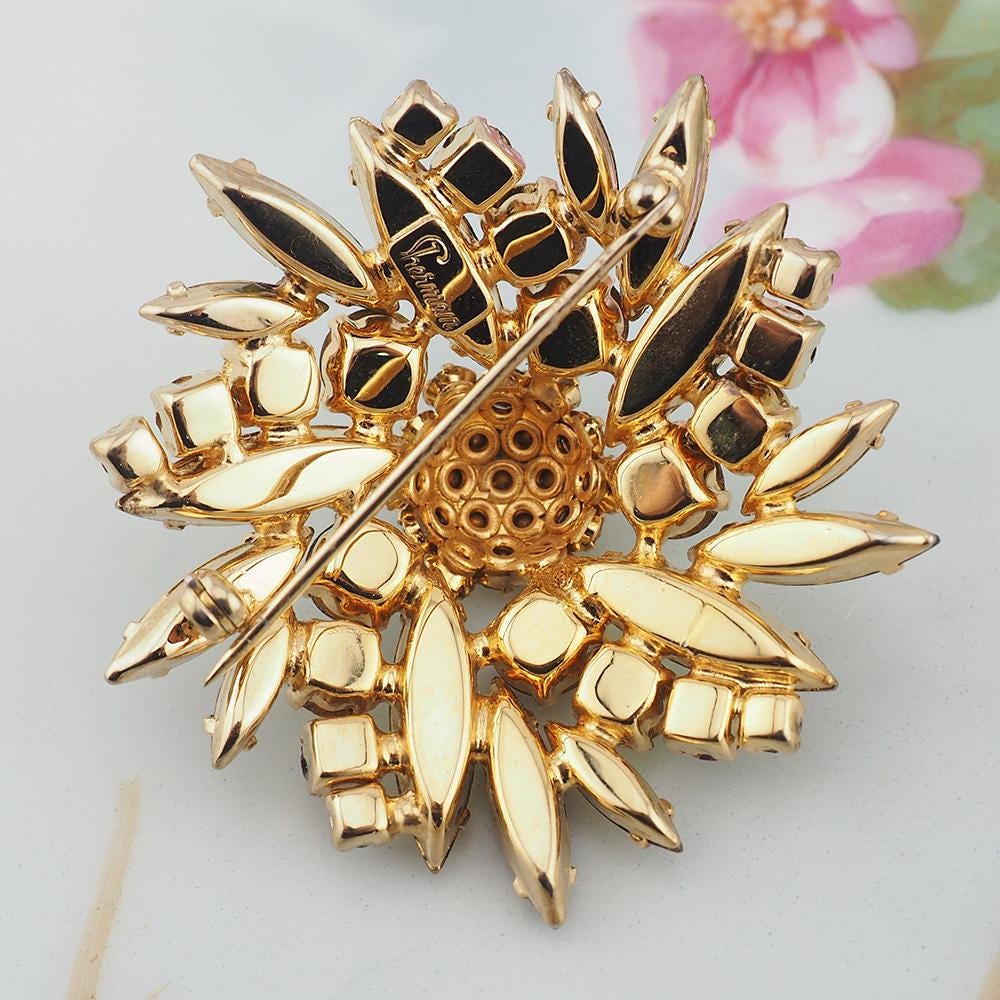 Rare Sherman Rhinestone Brooch, Vintage Sherman Brooch, Yellow Purple Brooch, 1960s Brooch, Flower Brooch, Pinwheel Brooch, Signed Sherman