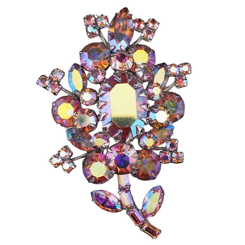 Rare Sherman Flower Brooch, Vintage Sherman Brooch, 1950s Brooch, Flower Brooch, Aurora Borealis Brooch, Signed Sherman, Pink Flower Brooch