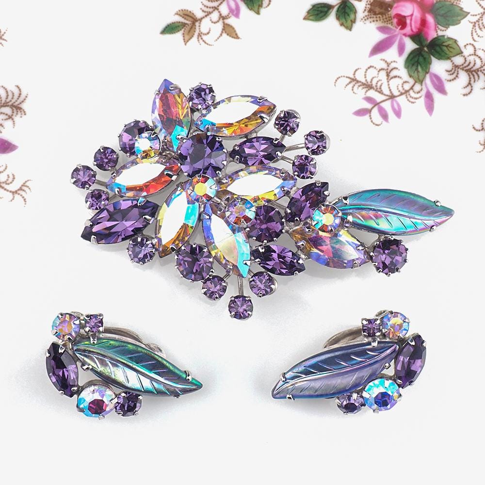 Vintage Sherman Brooch Set, Sherman Rhinestone Brooch Earrings, Sherman Purple Brooch, Molded Glass Leaf Brooch, Mid Century Jewelry Set