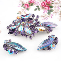 Vintage Sherman Brooch Set, Sherman Rhinestone Brooch Earrings, Sherman Purple Brooch, Molded Glass Leaf Brooch, Mid Century Jewelry Set